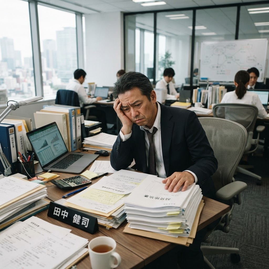 書類に悩む経営者のイメージ